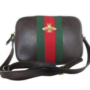 Gucci Sherry Line Bee Shoulder Bag Leather Canvas Dark Brown Black Green Red